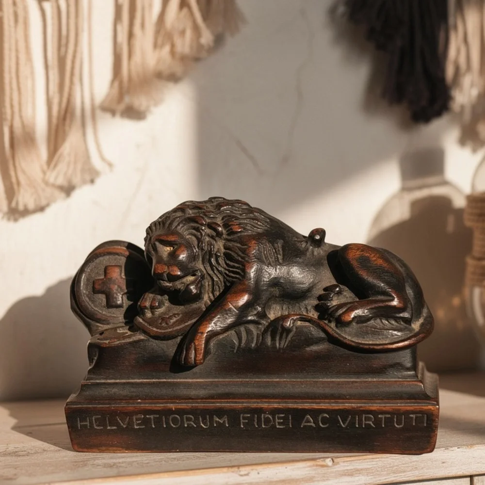 Vintage Mahogany Lion of Lucerne Set of Bookends 